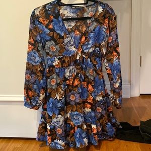 USA size XS Zara long sleeve dress — floral patterned (blue, black, orange)